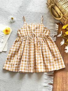 SHEIN Vintaside Kids 女童时尚优雅可爱休闲纯红色无袖中长连衣裙，舒适梭织面料，饰有3D超大蝴蝶结，春夏新品，适合生日派对、日常穿着、户外活动和度假。 - 黃色 - 查看 2