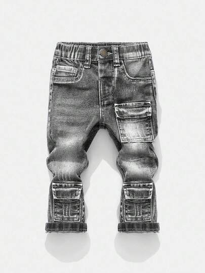 SHEIN Quần jean bé trai thời trang kiểu retro, rách rưới, bạc màu, co giãn cao, dáng ôm, có túi hộp, thoải mái và đa năng cho bé mặc hàng ngày mùa thu/đông.