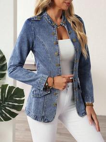 EMERY ROSE Plus Size Women's Casual Single-Breasted Denim Jacket, Autumn - Blue - View 7