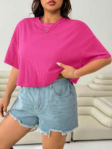 SHEIN EZwear 大码休闲纯色紫红色圆领短袖T恤 - 玫紅色 - 查看 5