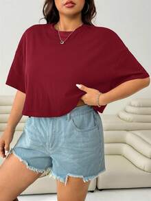 SHEIN EZwear 大码女式酒红色圆领短袖休闲百搭T恤 - 酒紅色 - 查看 5