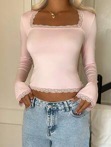 CovetEZ 女士秋季纯色撞色蕾丝圆领修身长袖T恤 - 粉色 - 查看 4