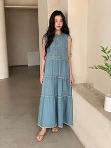 DAZY Vestido de patinadora vaquero con cuello Mao y botones, conjunto de moda para citas de verano para adolescentes - Lavado ligero - Ver 5