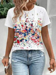 EMERY ROSE New Plus Size Women Fashion Printed & Spray Painted Round Neck Short Sleeve T-Shirt - Multicolor - View 8