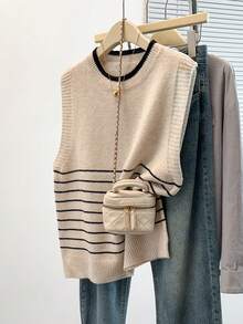 GlowEve CURVE Women's Elegant Sleeveless Striped Loose Knit Tank Top, Slimming Plus Size Sweater Vest, Casual Outerwear For Spring/Summer - Apricot - View 6