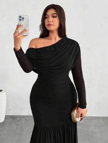 Firerie 大码女士优雅长袖不对称领口针织连衣裙，腰部褶裥设计，适合派对、日常穿着、晚礼服等场合，秋季、返校季、教师装、约会、四季皆宜，优雅百搭，适合通勤、聚会、派对、婚礼季、毕业典礼、舞会、演出、音乐会、工作、返校季、年会、女士生日、假日等各种场合。 - 黑色 - 查看 5