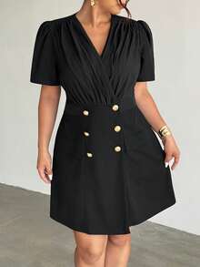 Firerie Đầm blazer nữ cỡ lớn, màu trơn, cổ chữ V xếp lớp, tay phồng ngắn, kiểu dáng thường ngày, cài hai hàng khuy. - màu đen - Xem 7