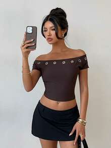 Aloruh Women's Shades Of Brown Off-Shoulder Short Sleeve Knit Fitted T-Shirt,Summer Seksi Chic Solid Color Top For Night Out,Commuting Office Work Attire - Coffee Brown - View 6