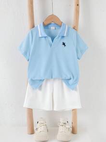 SHEIN 2pcs/Set Young Boys' Comfortable Polo Collar Color Block Casual Fashion Daily Versatile Knit Shirt And Woven Shorts Set, Suitable For Spring/Summer, Daily Wear, Sports, Outings, School, Gatherings, Festivals, Performances, And Photoshoots - Multicolor - View 4