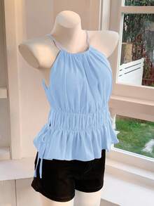 Comfortcana Light Blue Ruched Side Tie Ruffle Hem Camisole - Baby Blue - View 6