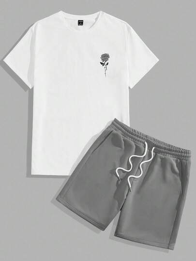 HIMLAND 2pcs Men's Summer Knit Casual Rose Floral Print Short Sleeve T-Shirt And Shorts Set Mens Grey And White Set Men 2 Piece Set Mens Casual T Shirt And Shorts Set Men Summer Set Mens Short Sleeve Graphic T-Shirt And Shorts Set