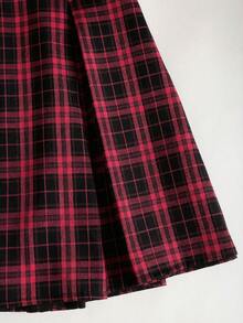 Sweetra Elegant Plaid Pleated Waist Mini Dress - Red - View 5