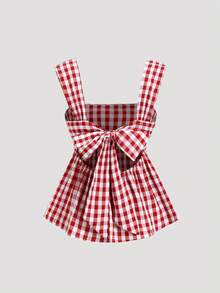 Sweetra 女士假日装，适合万圣节、圣诞节、感恩节、新年派对、通勤、日常、旅行、度假等场合。红色不对称宽肩带A字型上衣，后背蝴蝶结系带，镂空设计，搭配红白格子衬衫。 - 紅白色 - 查看 6