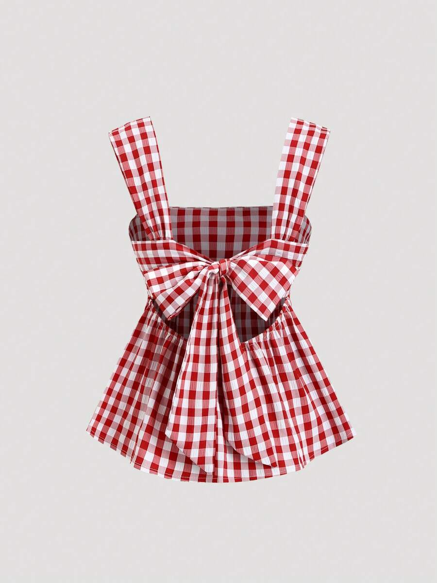 Sweetra Women's Holiday, Suitable For Halloween, Christmas, Thanksgiving, New Year Party, Commute, Daily, Travel, Vacation. Red Asymmetric Wide Strap A-Line Top With Bow Tie Back And Hollow Out Design, Red & White Plaid Shirt - Red and White - View 1