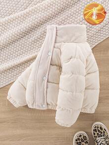 Sparklyn 年轻女孩冬季可爱米色灯芯绒领子棉衣，撞色衬里和纽扣开合，厚棉衣