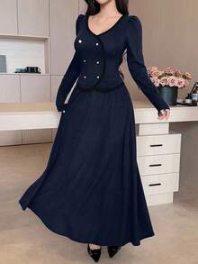 DAZY Women's Casual Colorblock V-Neck Top And A-Line Skirt 2-Piece Set, Spring/Summer - Navy Blue - View 3