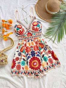 Soleia 大码女士彩色热带印花无袖连体裤，单肩设计，金属装饰，适合早午餐、夏季、母亲节、毕业典礼、教堂、海滩、音乐节、机场、下午茶等场合。 - 彩色 - 查看 5