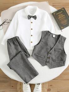 SHEIN 3pcs Young Boy Gentleman Outfit: Gray Vest, Elastic Waist Pants, Bow Tie & Long Sleeve Shirt, Cute Spring/Summer For Toddler Boys - Grey - View 4