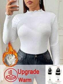 SHEIN CURVE+ 大码女式黑色高领长袖T恤，秋季基础款上衣 - 白色 - 查看 4