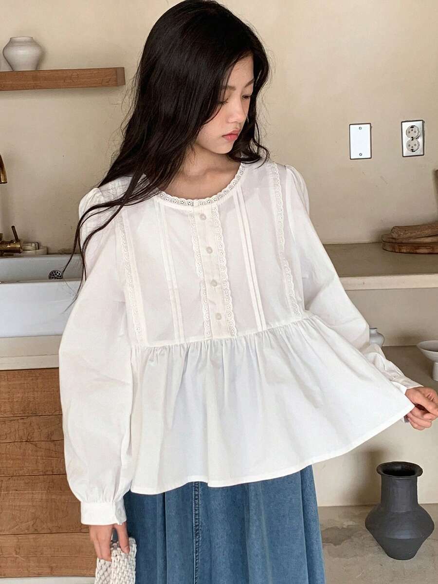 DAZY 少女休闲纯色泡泡袖长袖上衣 - 白色 - 查看 1