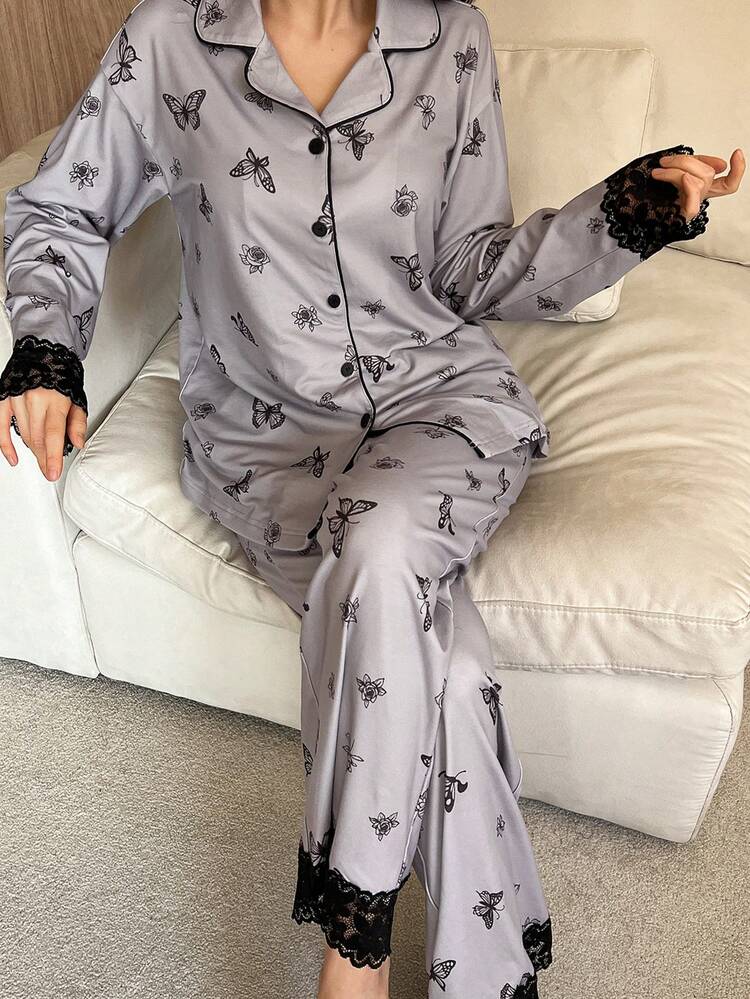 Charming Butterfly All-Over Print Contrast Color Lace Patchwork Women Pajama Set