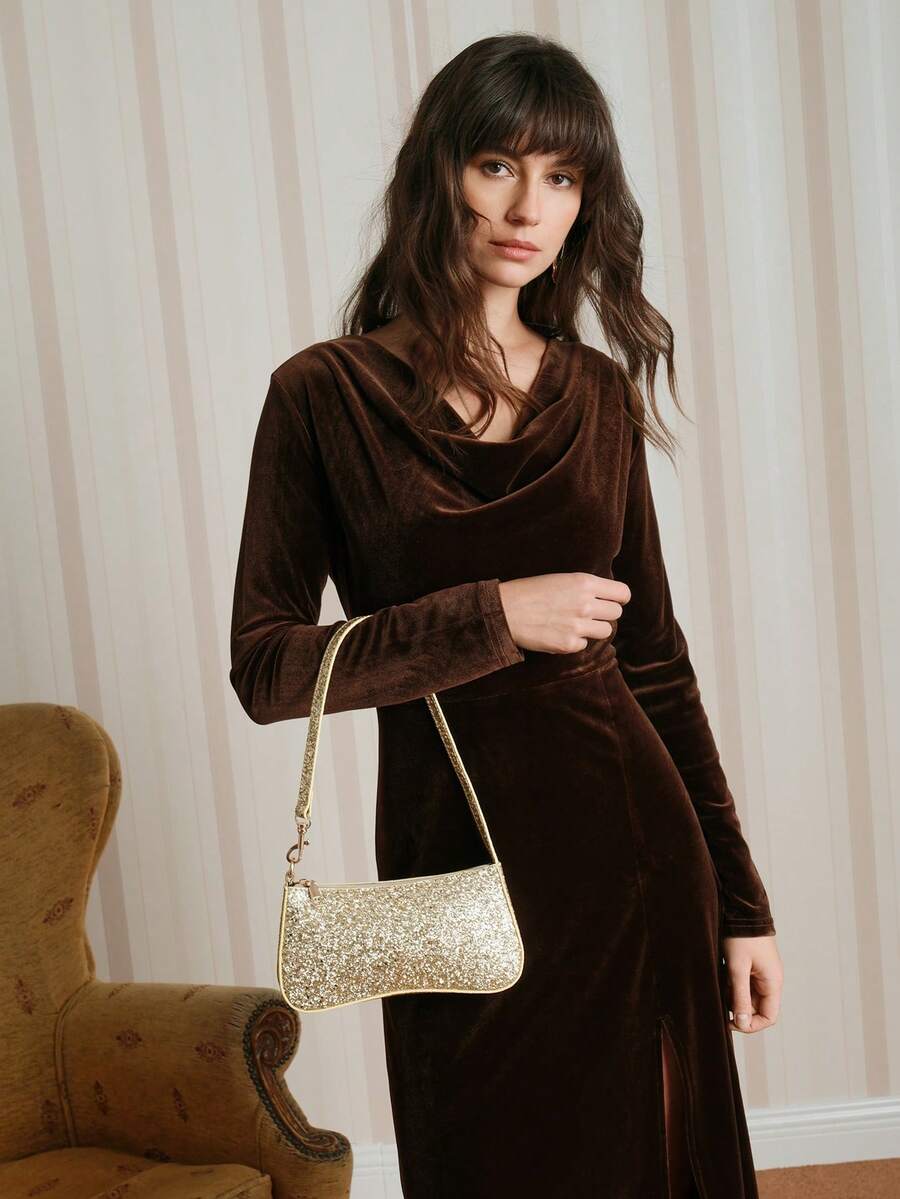 SHECARRY Women's Fashionable Elegant BLINGBLING Glitter Shoulder Bag - Gold - View 1