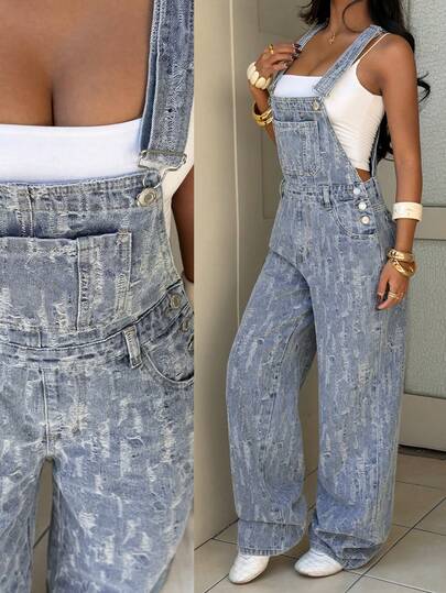 SHEIN HypeZone Women's Loose Fit Pocketed Wide Leg Casual Denim Jumpsuit