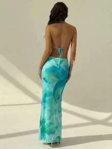 Aloruh Tie-Dye Fashionable Halter Backless Summer Set - Multicolor - View 2