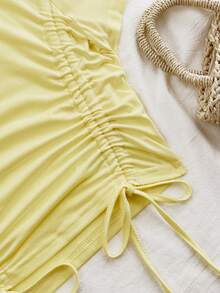Flirla Women's Solid Color Round Neck Short Sleeve Drawstring Ruched T-Shirt,Cute Yellow Summer Tops For Vacation,Holiday Casual Versatile Ruched Top - Pale Yellow - View 3