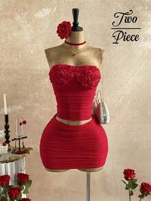 Soleia 两件套女士浪漫度假套装 - 红色网纱玫瑰纹理上衣和褶皱迷你裙，适合休闲、约会、情人节、下午茶、海滩、邮轮、城市旅行、音乐节、派对、波西米亚风度假等场合。 - 紅色 - 查看 8