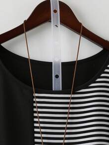 Linhara Plus Size Women's Summer New Striped Contrast Color T-Shirt Blouse, Round Neck Pullover Short Sleeve Shirt, Irregular Color Block Patchwork, AB Pocket Decor, Casual Outdoor Simple Wear Top, Home Wear Top - Black and White - View 3