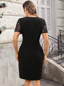 Miaspire 大码女式水钻网纱拼接短袖圆领修身优雅连衣裙 - 黑色 - 查看 2