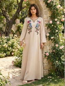 Lilora Women's Elegant Floral Sequin V-Neck Long Sleeve Loose Long Dress Romantic, Elegant, And Suitable For Commuting Sequin Embroidered Long Dress Embroidered Dress Floral Applique Dress Modest Tops For Women Women's Sophisticated And Elegant Outfits Beige Dress For Women Arabic Style Abayas Dubai Luxury Abaya For Women Dubai - Khaki - View 3