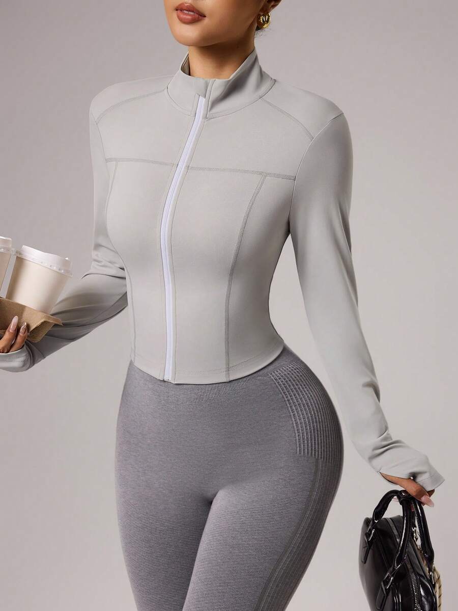 Dewbera Women's Stitch Detail Stand Collar Zip-Up Long Sleeve Shapewear Sports Jacket - Light Grey - View 1