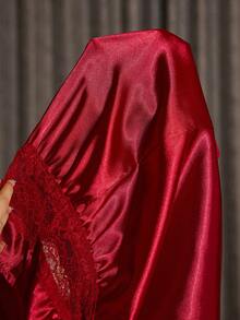 SHEIN Lace Trim Faux Silk Sexy Lingerie Jumpsuit - Burgundy - View 9