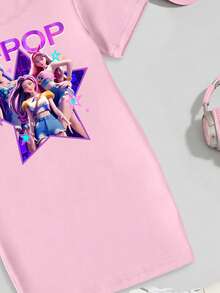 Spring, Summer & Autumn Young Girls Casual Fashionable Creative Personalized Refreshing Minimalist Cute Kawaii Cartoon Cat Princess Heart Sequin Graphic Letter Slogan Print Relaxed T-Shirt Dress, Comfortable Daily Wear Cozy Summer & Fall Styles Suitable For Spring, Summer, Autumn - Multicolor - View 4