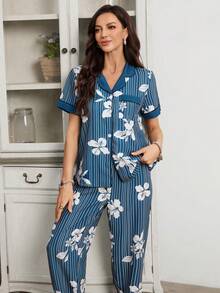 SHEIN Ruffled Striped Lily Floral Trim Cardigan Women Pajama Set - Blue and White - View 4