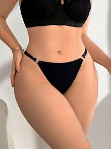 1件大码女士纯色极简丁字裤 - 黑色 - 查看 4