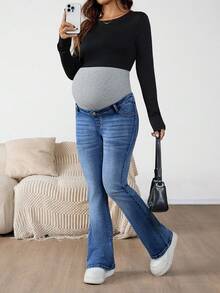 SHEIN Maternity Navy Blue Winter Casual Flare Jeans,Everyday High Waist Color Block Pregnancy Pants With Ribbed Over Belly Panel For Expectant Mothers - Medium Wash - View 3