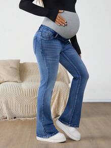 SHEIN Maternity Navy Blue Winter Casual Flare Jeans,Everyday High Waist Color Block Pregnancy Pants With Ribbed Over Belly Panel For Expectant Mothers - Medium Wash - View 4