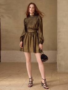 MOTF PREMIUM FASHIONABLE METALLIC GLITTER PLEATED TEXTURE LANTERN SLEEVE RUCHED MINI DRESS - Gold - View 6
