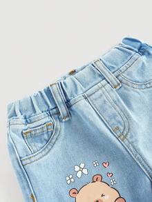 SHEIN 女婴可爱卡通水豚图案蓝色牛仔宽松裤 - 淺色水洗藍 - 查看 5