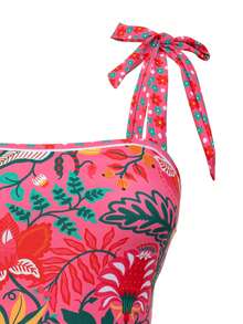 Swim Oasis Spring/Summer Hot Selling High Beach Casual Vacation Floral & Plant Print Tie-Up One-Piece Swimsuit + Front Covered Tie-Up Plant Print Skirt 2-Piece Set - Multicolor - View 6