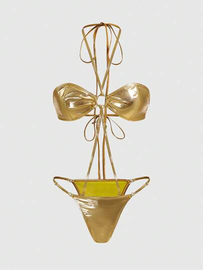 ROMWE Grunge Punk Dark Punk Music Festival Coated Metal Material Halter Neck Sexy Jumpsuit