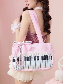 ROMWE Anime 1个可爱甜美蝴蝶结爱心蕾丝拼接波点波普艺术女士手提包，第二代零食数量音符音乐节透明分层徽章娃娃展示单肩包，适合购物、校园 - 粉白色 - 查看 2