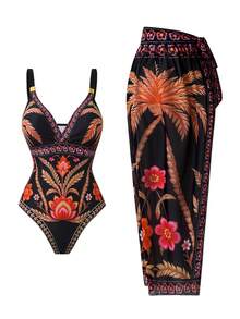 Swim Oasis 女士波西米亚风度假印花连体泳衣，金属装饰，高端品质，时尚休闲度假性感优雅 - 彩色 - 查看 3