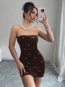 Elenzga 万圣节黑色无肩带珍珠腰天鹅绒优雅浪漫女装 - 咖啡棕 - 查看 4