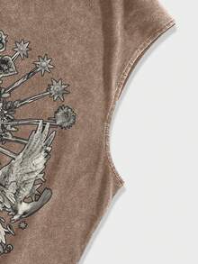 ROMWE MEN Street Life Camiseta de tirantes con estampado de cruz gótica lavada y desgastada para hombres - Café integral - Ver 4