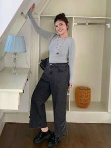Dazy Plus Quần jeans nữ cỡ lớn thời trang, kiểu dáng vintage, xẻ tà, ôm sát mắt cá chân, phối nhiều mảng màu và nơ, thích hợp mặc cả bốn mùa. - Màu xám đen - Xem 4