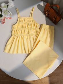 SHEIN 女童条纹蝴蝶结吊带背心和直筒裤夏季度假装 - 黃色 - 查看 3